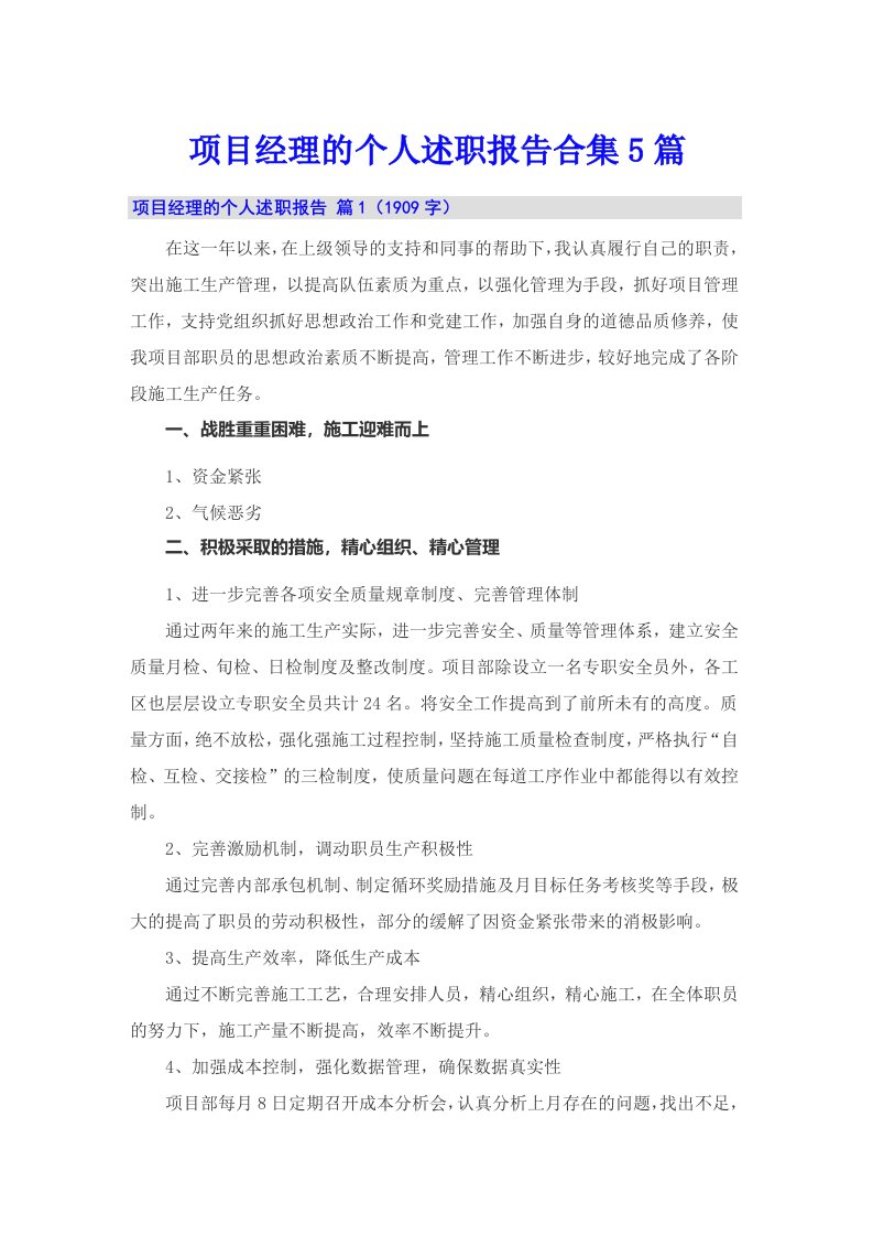 项目经理的个人述职报告合集5篇