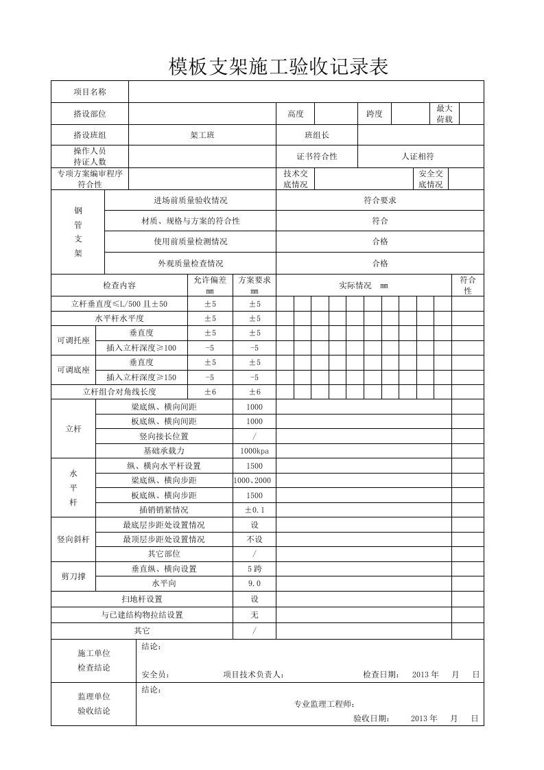 2、模板支架施工验收记录表