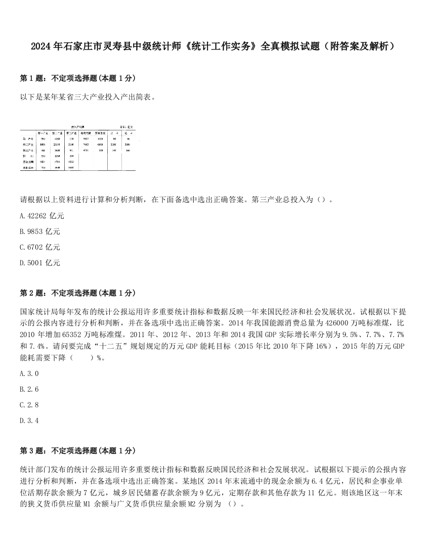 2024年石家庄市灵寿县中级统计师《统计工作实务》全真模拟试题（附答案及解析）