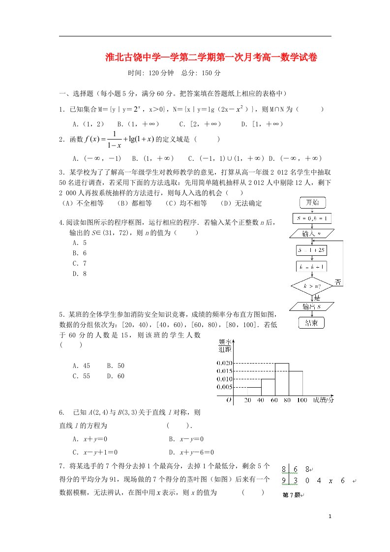 安徽省淮北市古饶中学高一数学下学期第一次月考试题新人教A版