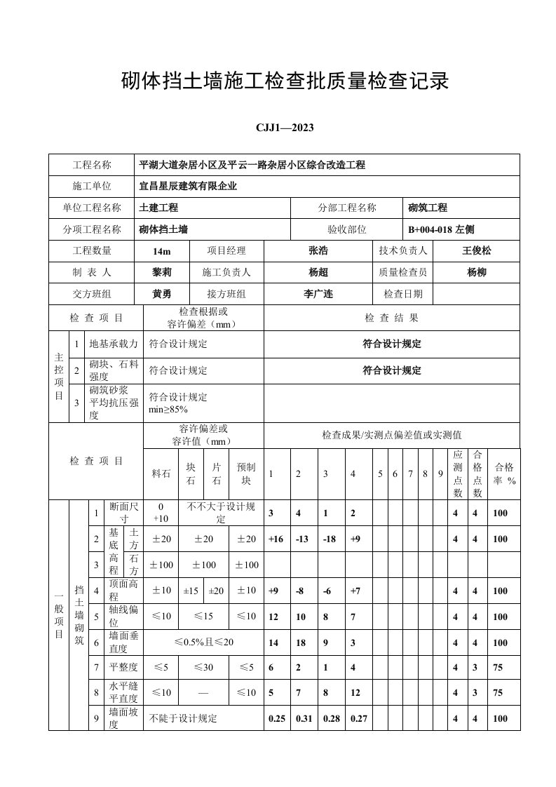 砌体挡土墙施工检验批质量检验记录