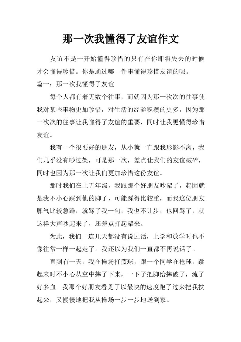 那一次我懂得了友谊作文