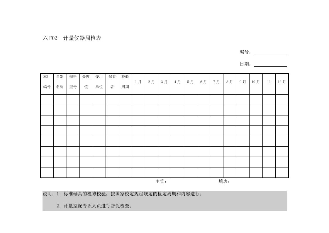 计量器具检定登记卡