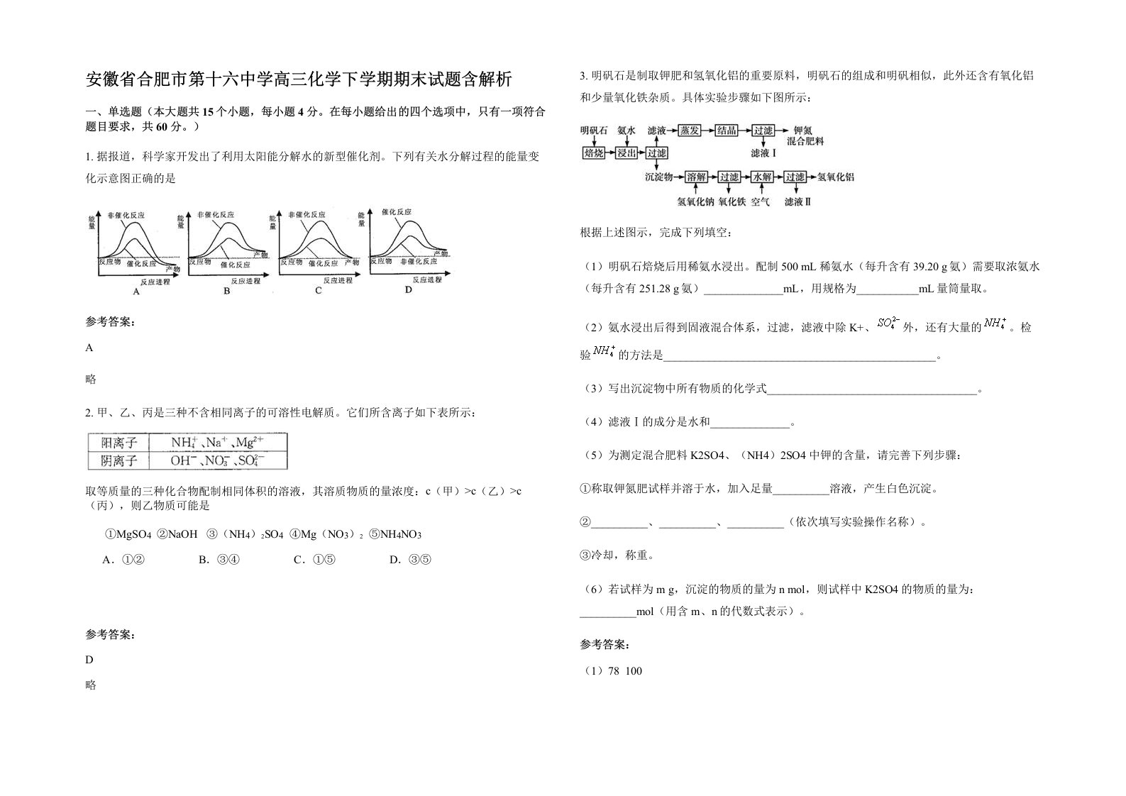 安徽省合肥市第十六中学高三化学下学期期末试题含解析