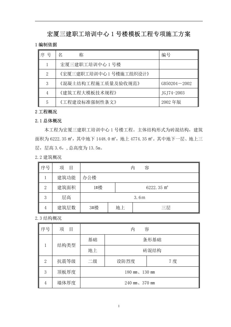 宏厦三建职工培训中心1号楼模板专项施工方案