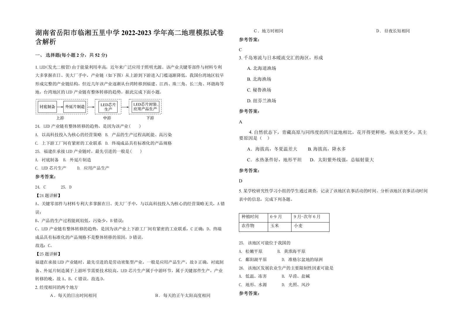 湖南省岳阳市临湘五里中学2022-2023学年高二地理模拟试卷含解析