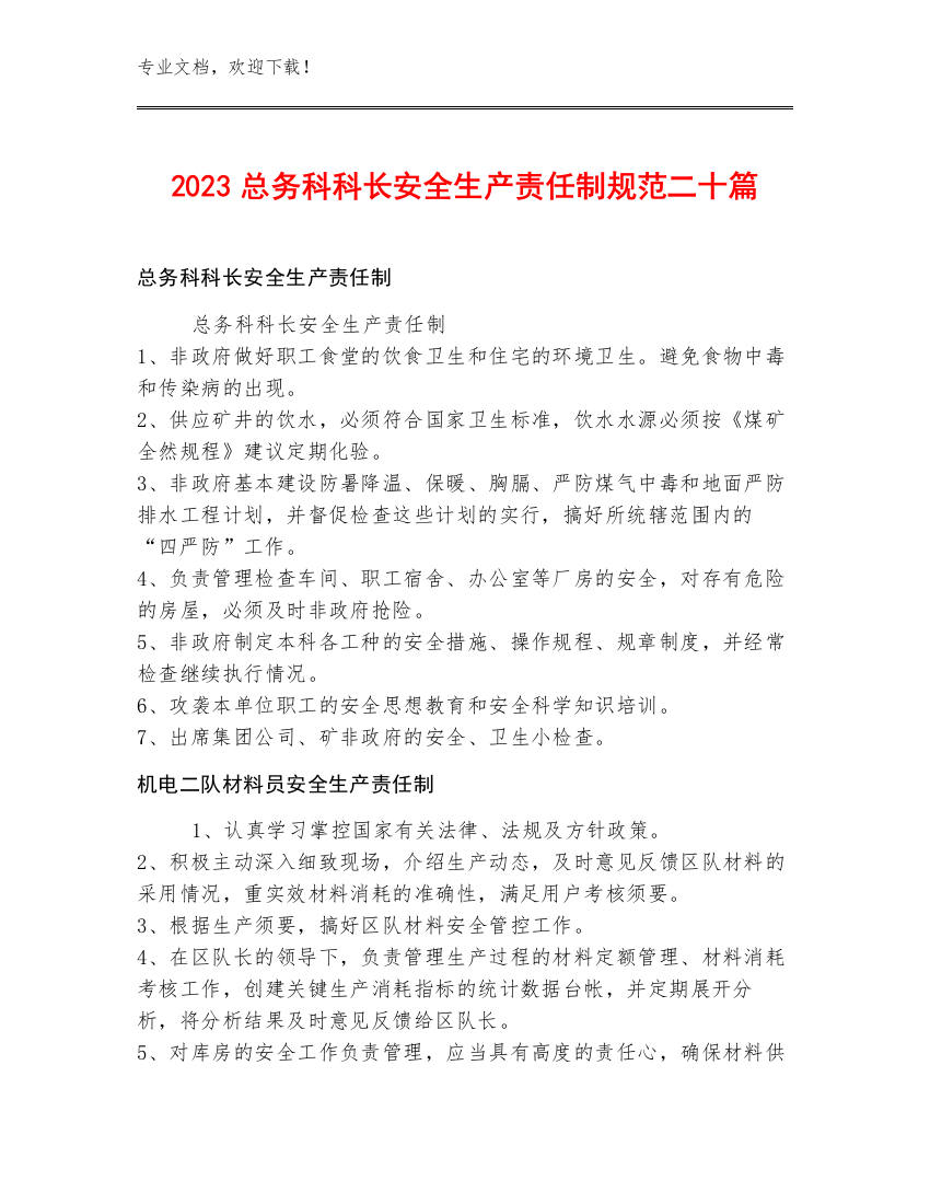 2023总务科科长安全生产责任制规范二十篇