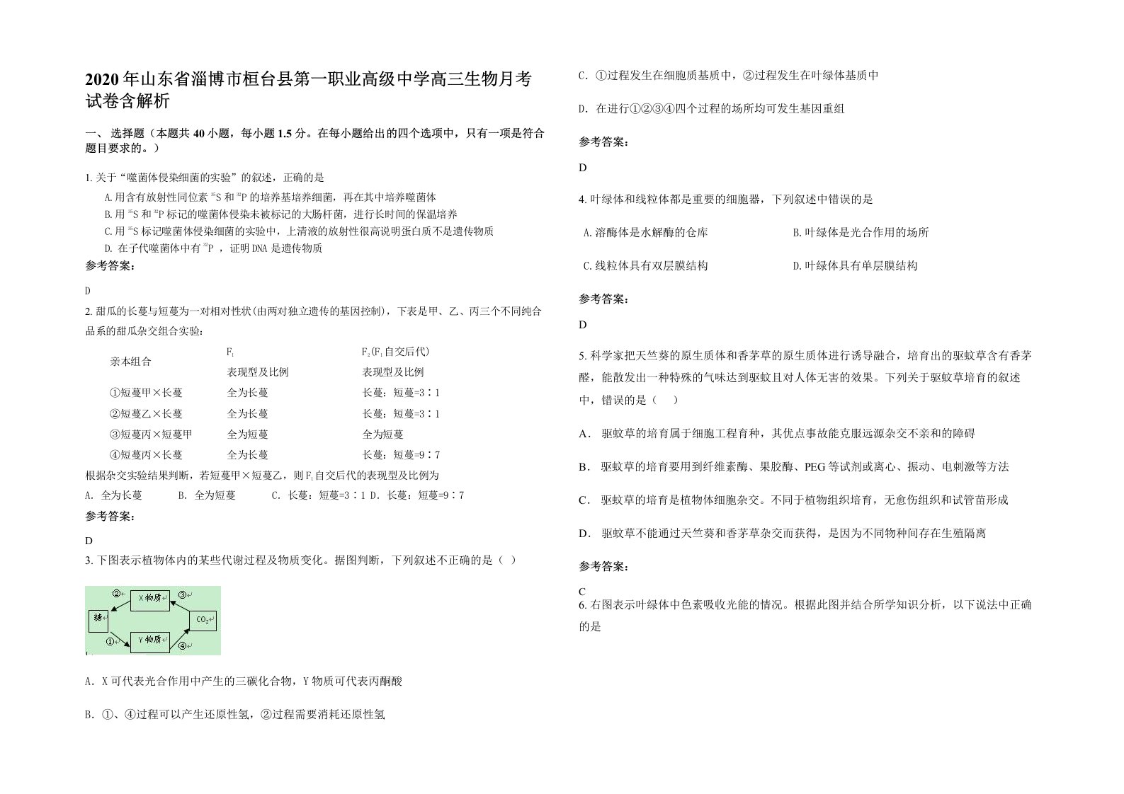 2020年山东省淄博市桓台县第一职业高级中学高三生物月考试卷含解析