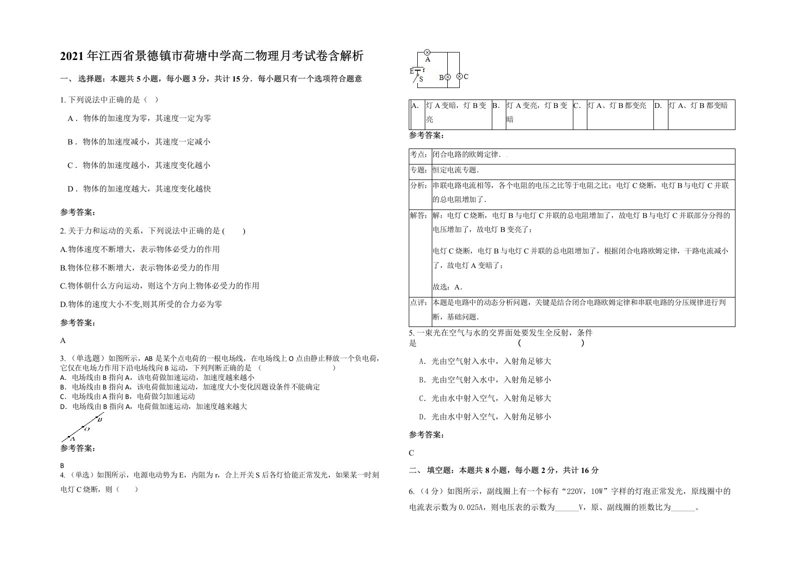 2021年江西省景德镇市荷塘中学高二物理月考试卷含解析