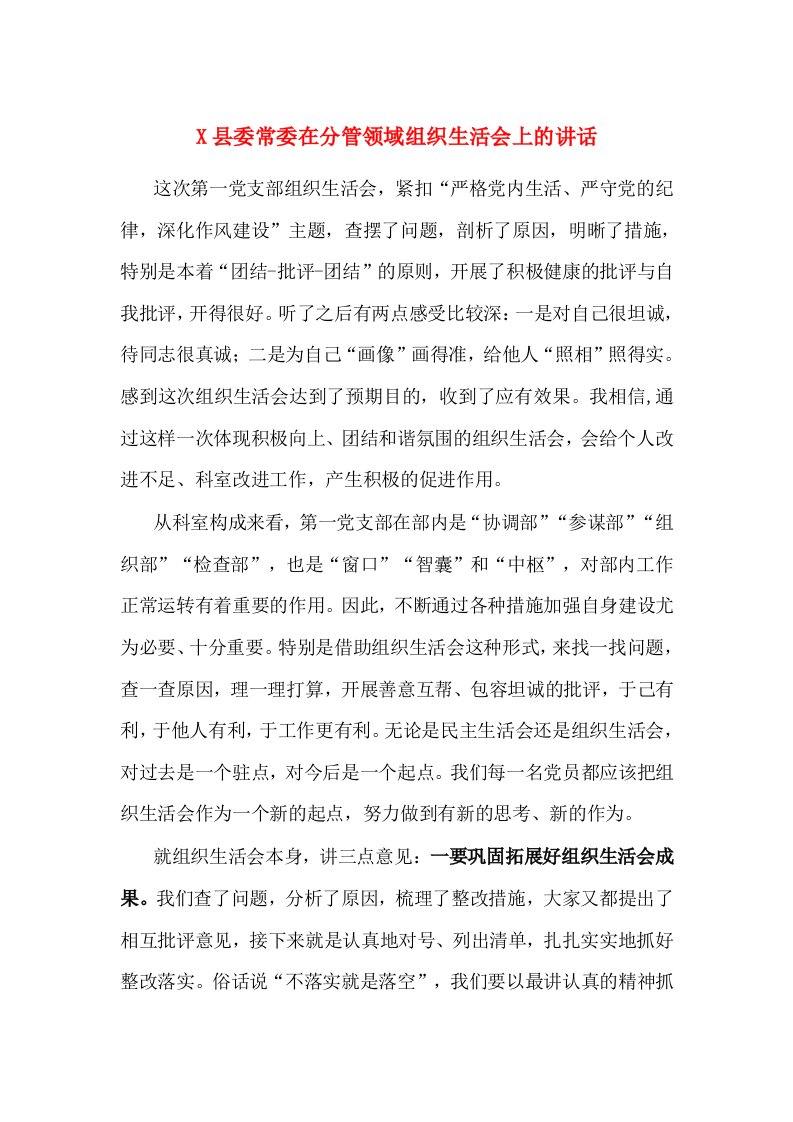 X县委常委在分管领域组织生活会上的讲话