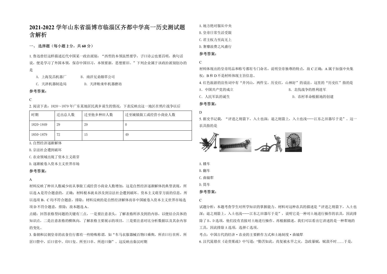 2021-2022学年山东省淄博市临淄区齐都中学高一历史测试题含解析