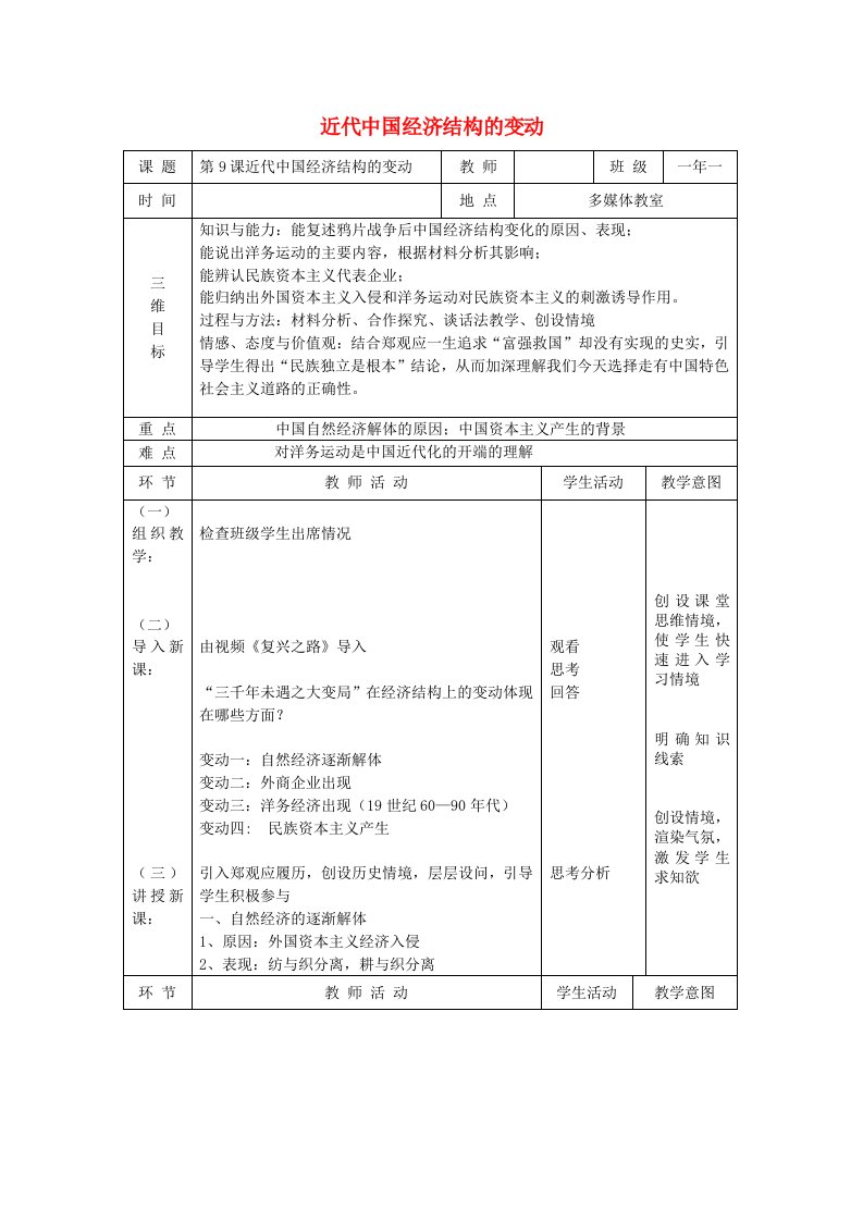 2020_2021学年高中历史第三单元近代中国经济结构的变动与资本主义的曲折发展第9课近代中国经济结构的变动1教学教案新人教版必修2202104261184