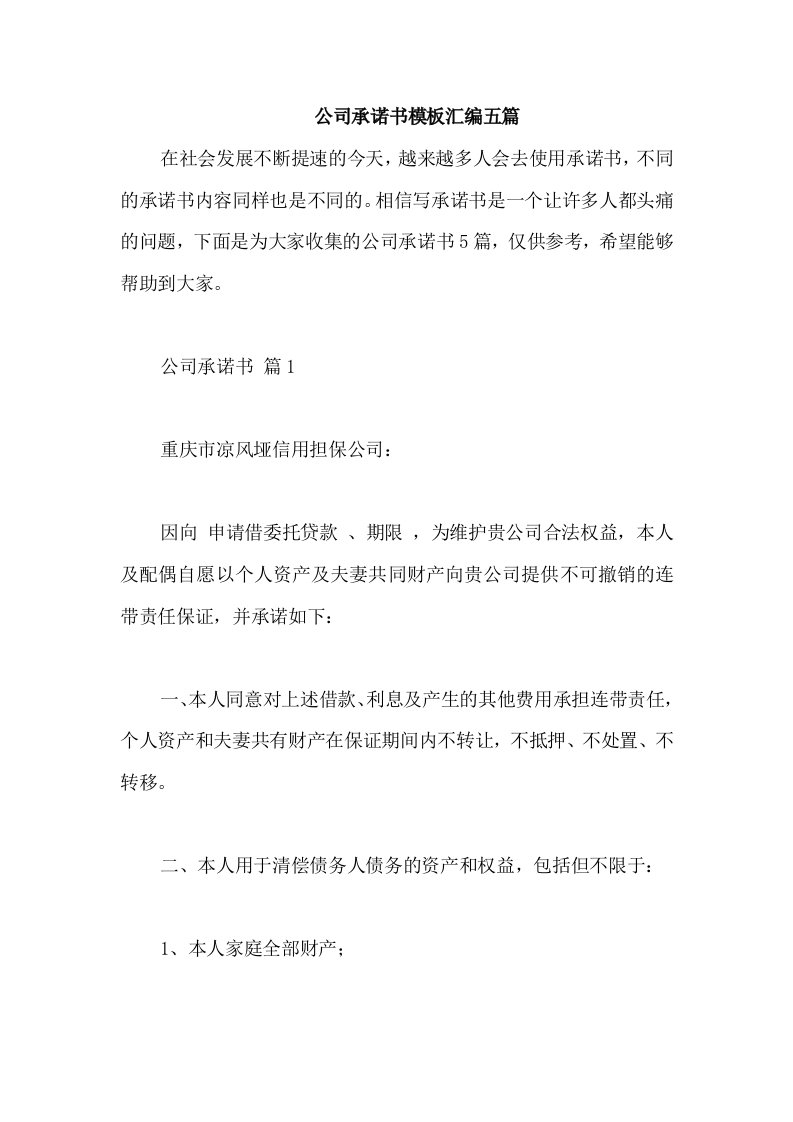 公司承诺书模板汇编五篇