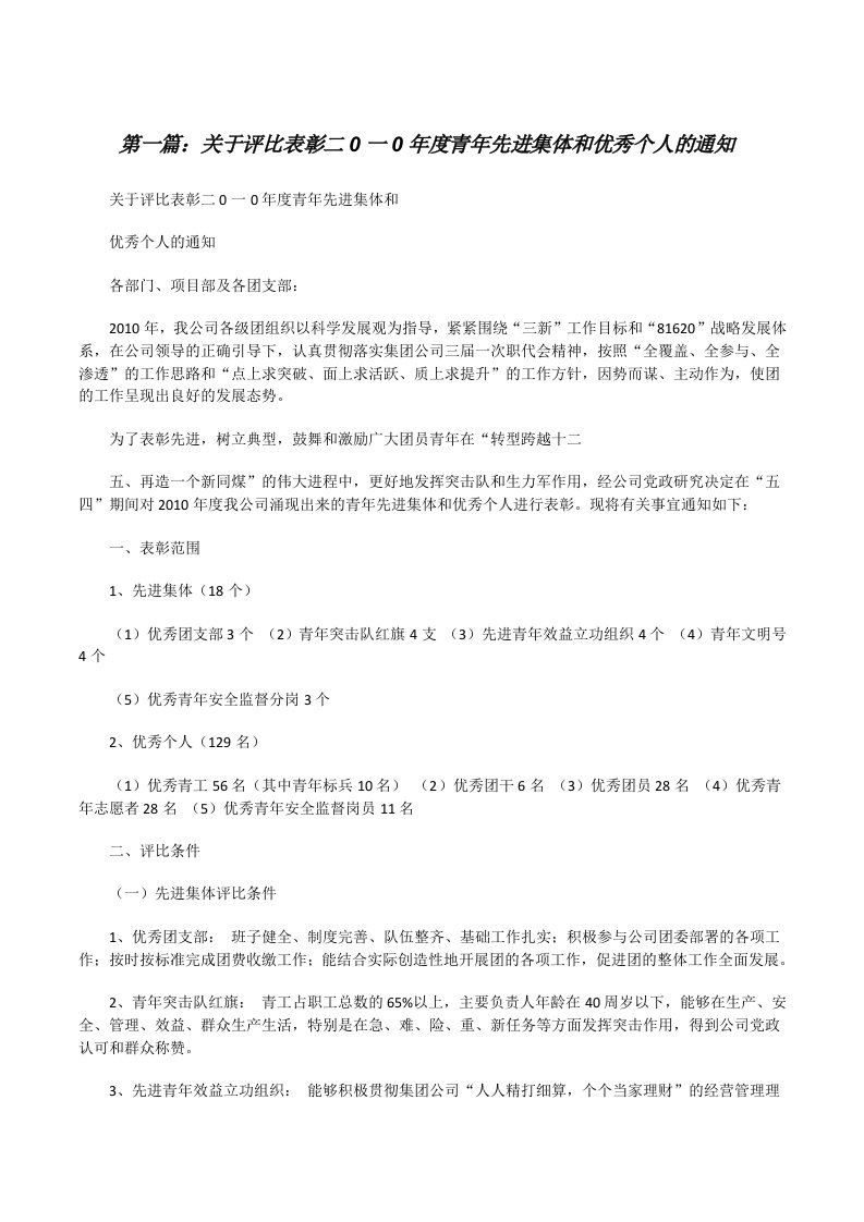 关于评比表彰二0一0年度青年先进集体和优秀个人的通知[修改版]