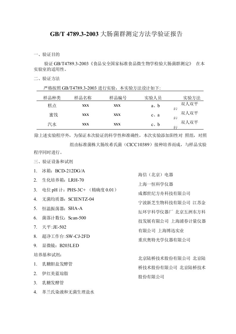 大肠菌群测定方法学验证报告