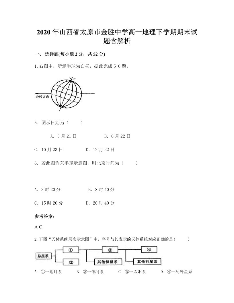 2020年山西省太原市金胜中学高一地理下学期期末试题含解析