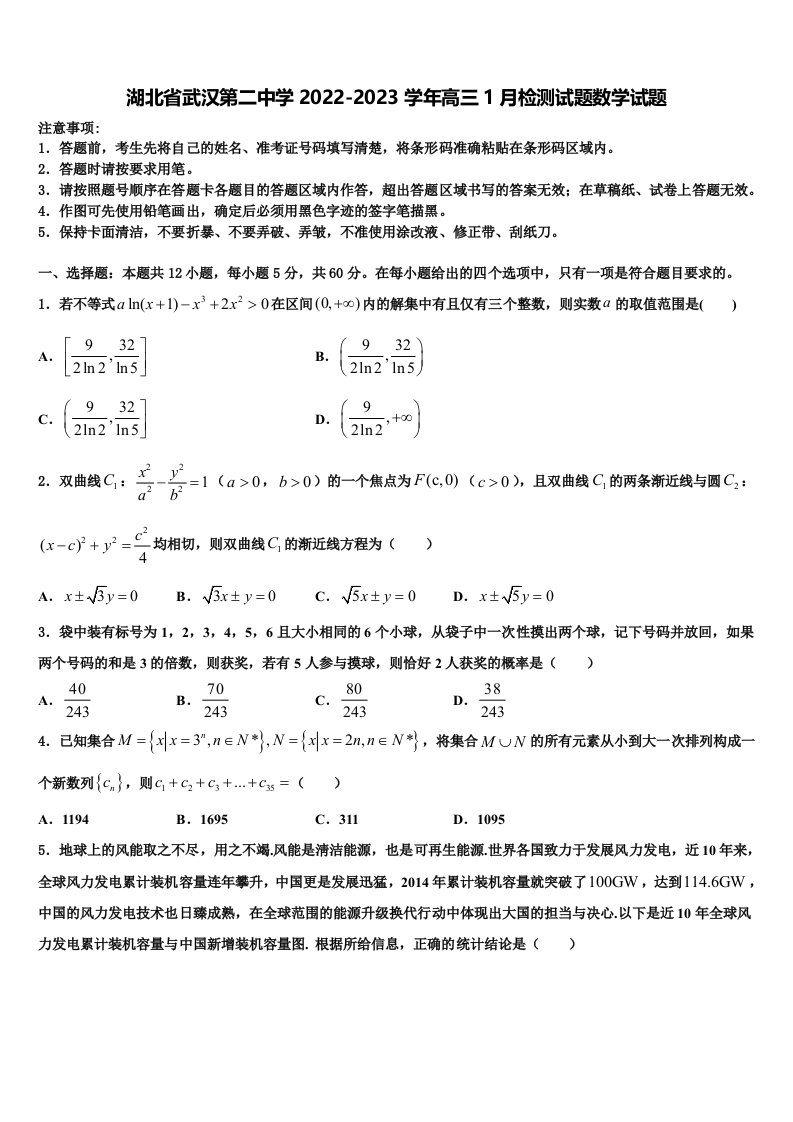 湖北省武汉第二中学2022-2023学年高三1月检测试题数学试题