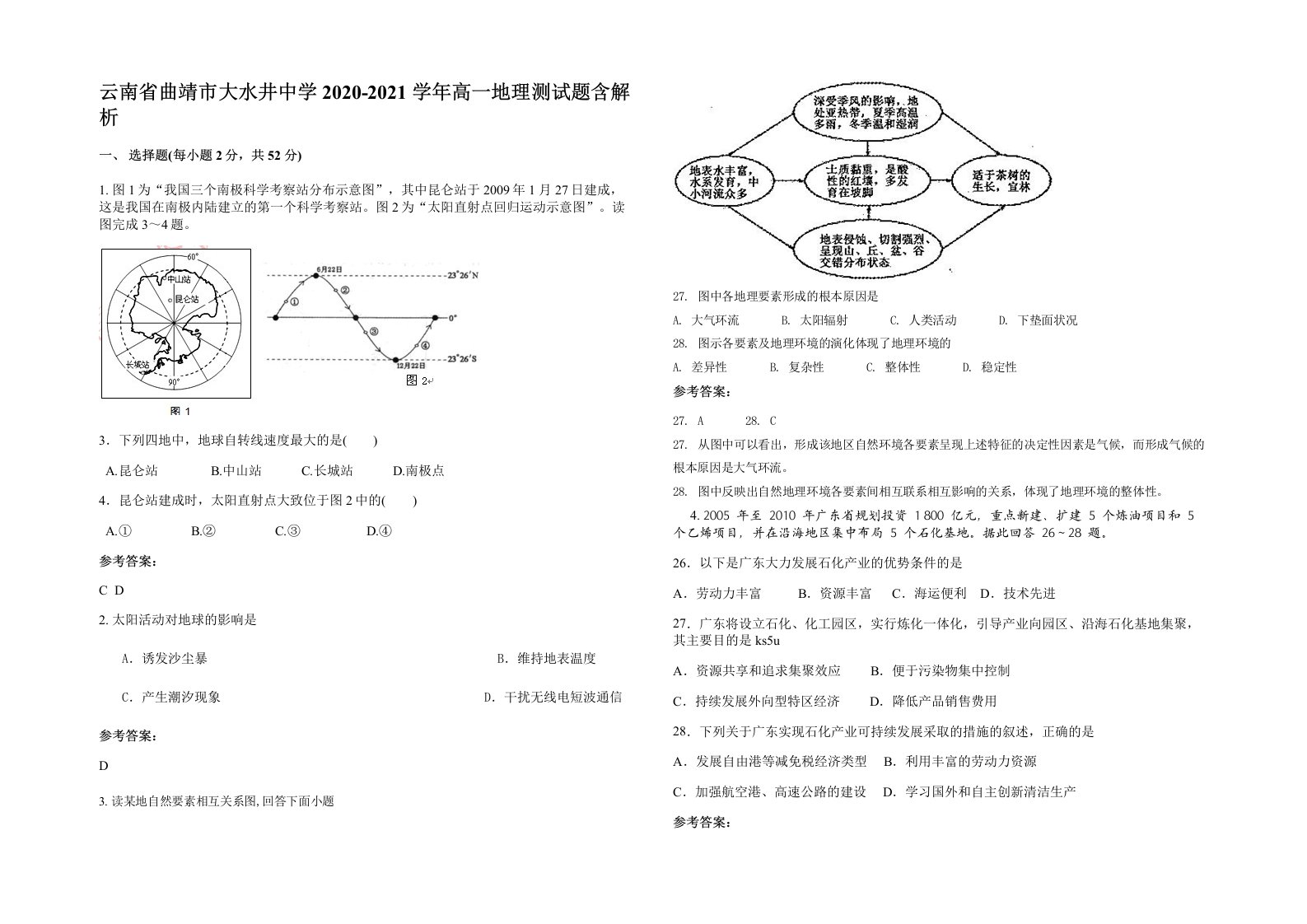 云南省曲靖市大水井中学2020-2021学年高一地理测试题含解析