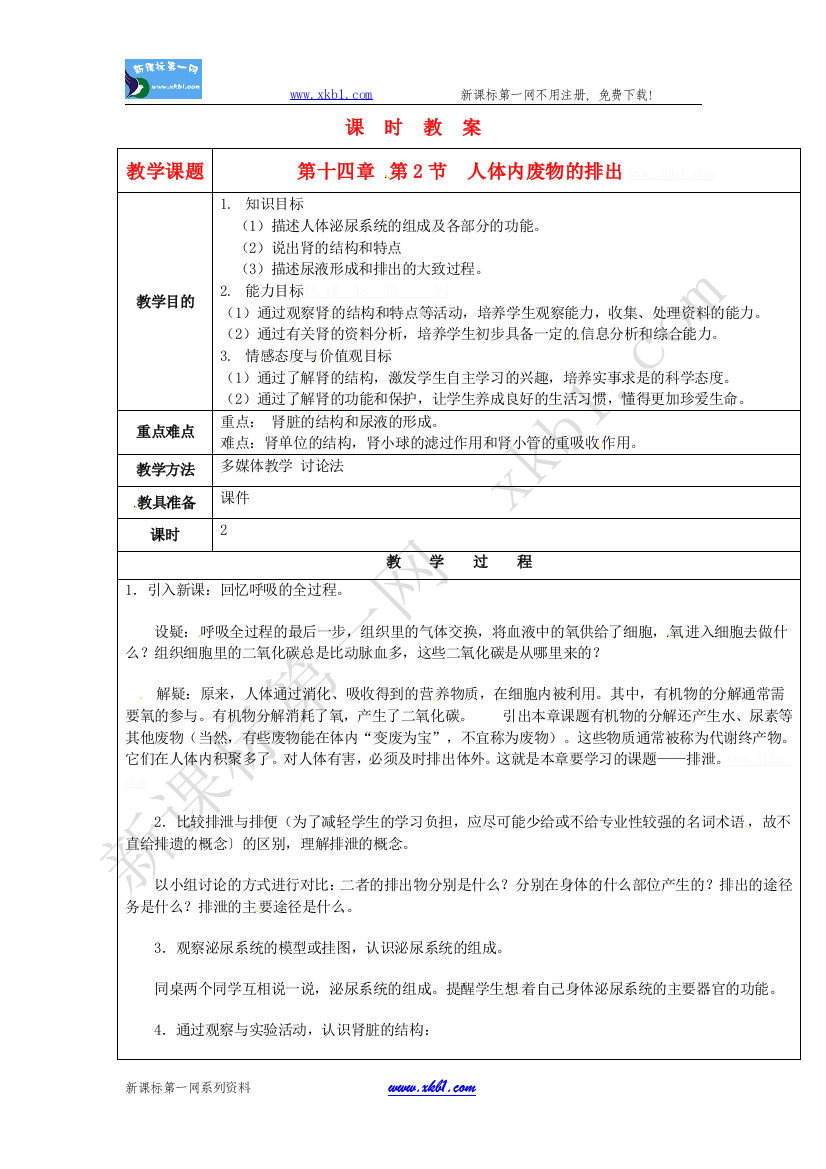 【小学中学教育精选】江苏省苏州市第26中学苏科版生物八年级上册14.2《人体内废物的排出》教案2