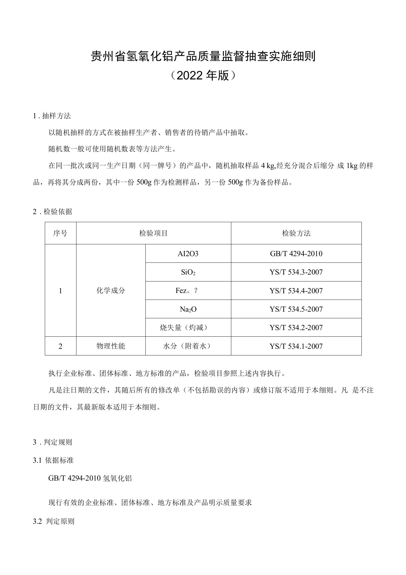 190.贵州省氢氧化铝产品质量监督抽查实施细则（2022年版）