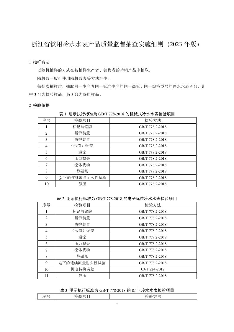 浙江省饮用冷水水表产品质量监督抽查实施细则（2023年版）