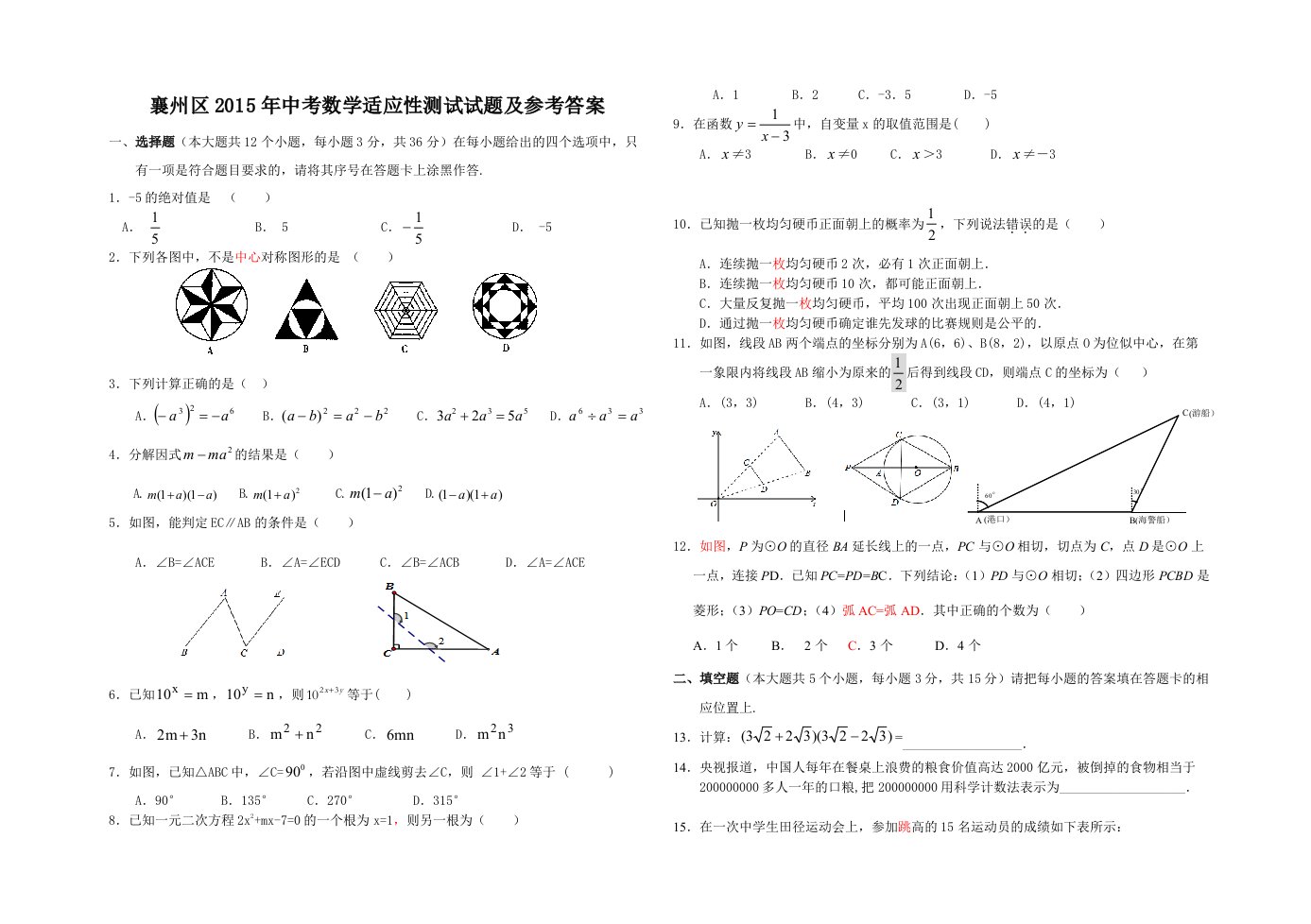 2015年中考数学适应性测试试题及参考答案