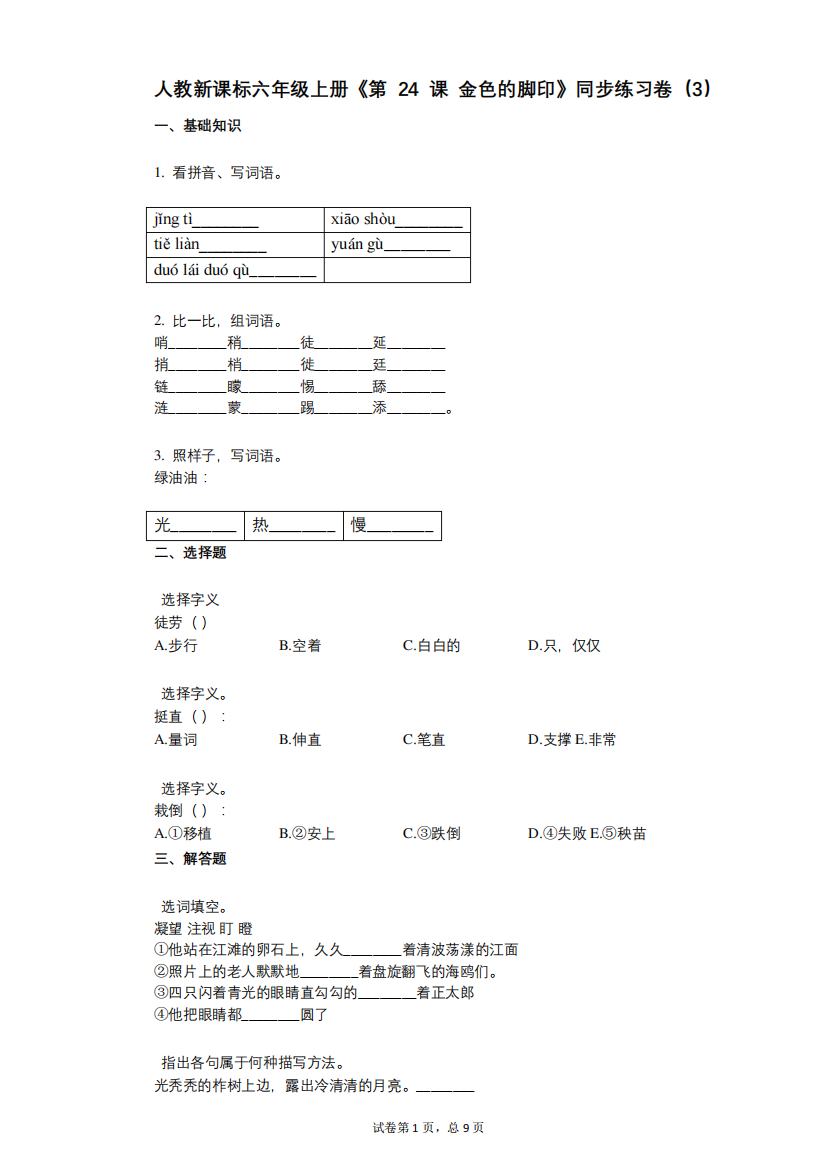 人教新课标六年级上册《第24课_金色的脚印》小学语文-有答案-同步练习精品