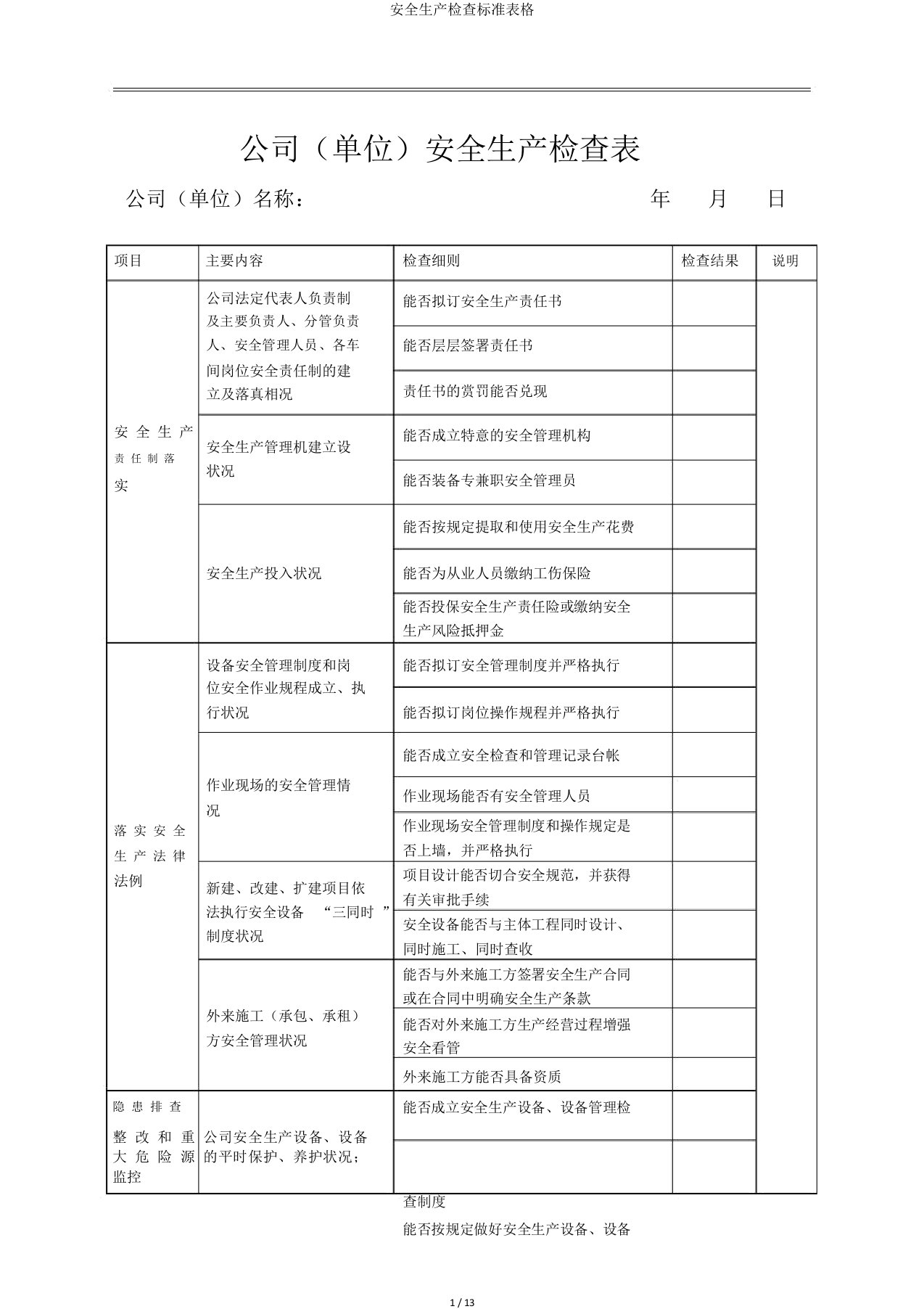 安全生产检查表格