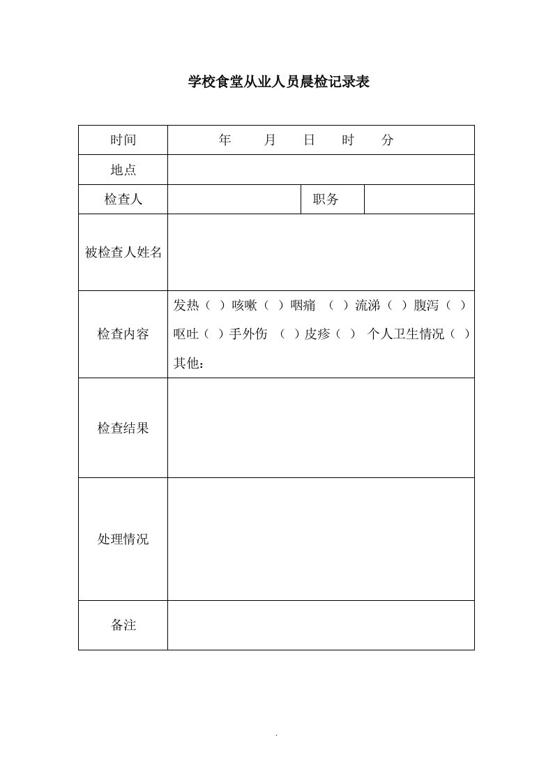 学校食堂从业人员晨检记录表