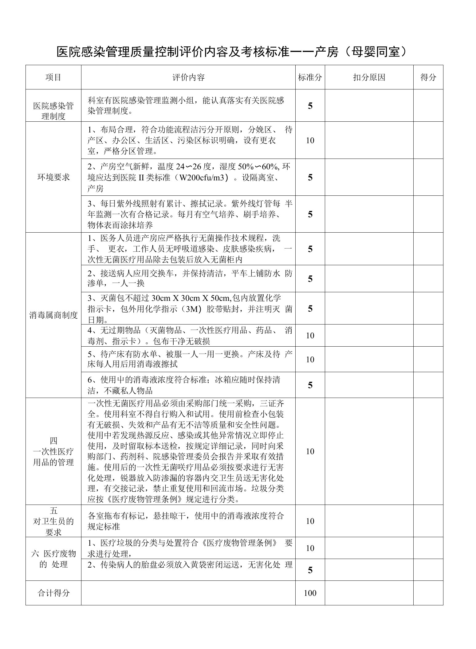 医院感染管理质量控制评价内容及考核标准（产房、母婴同室)