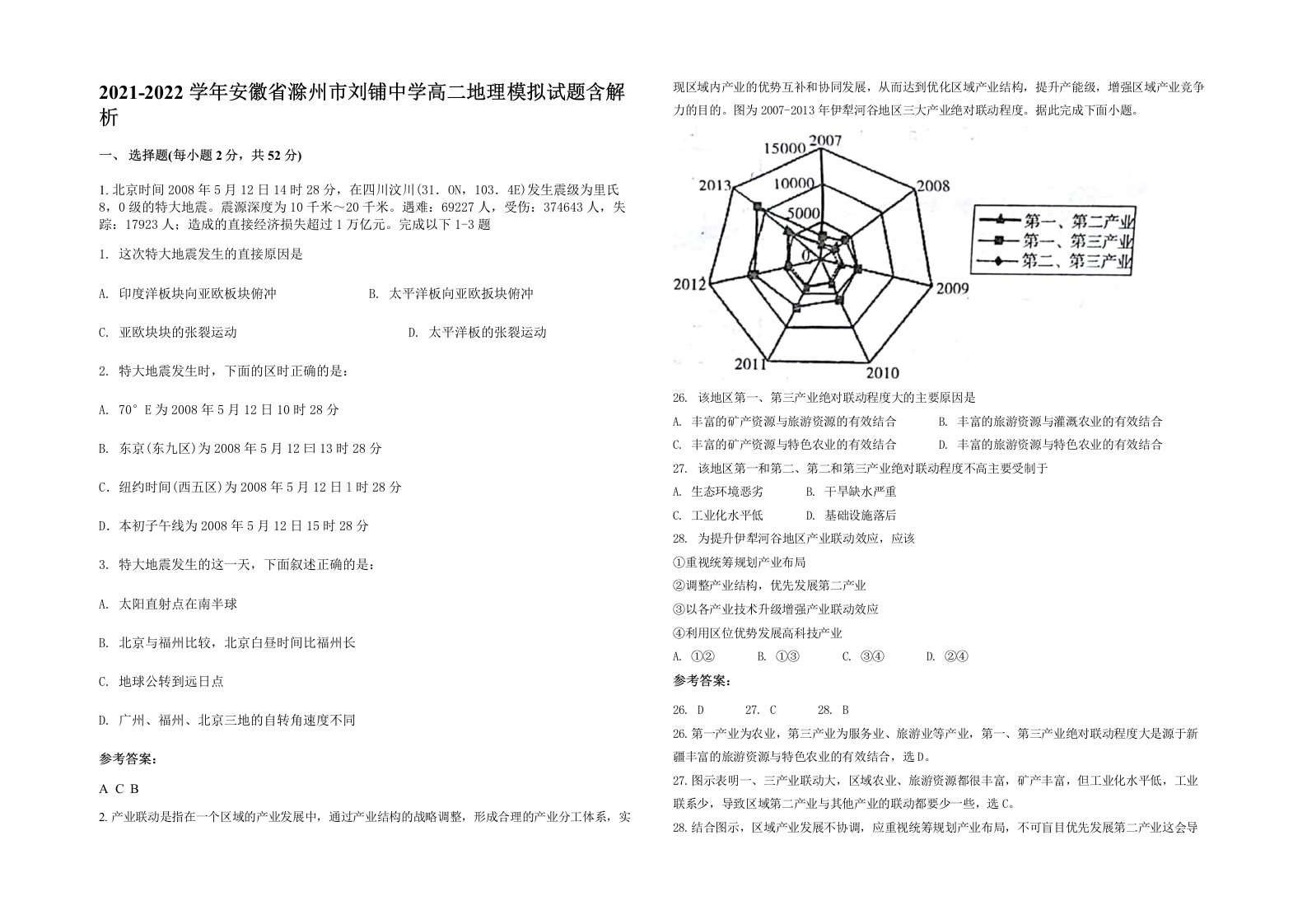 2021-2022学年安徽省滁州市刘铺中学高二地理模拟试题含解析