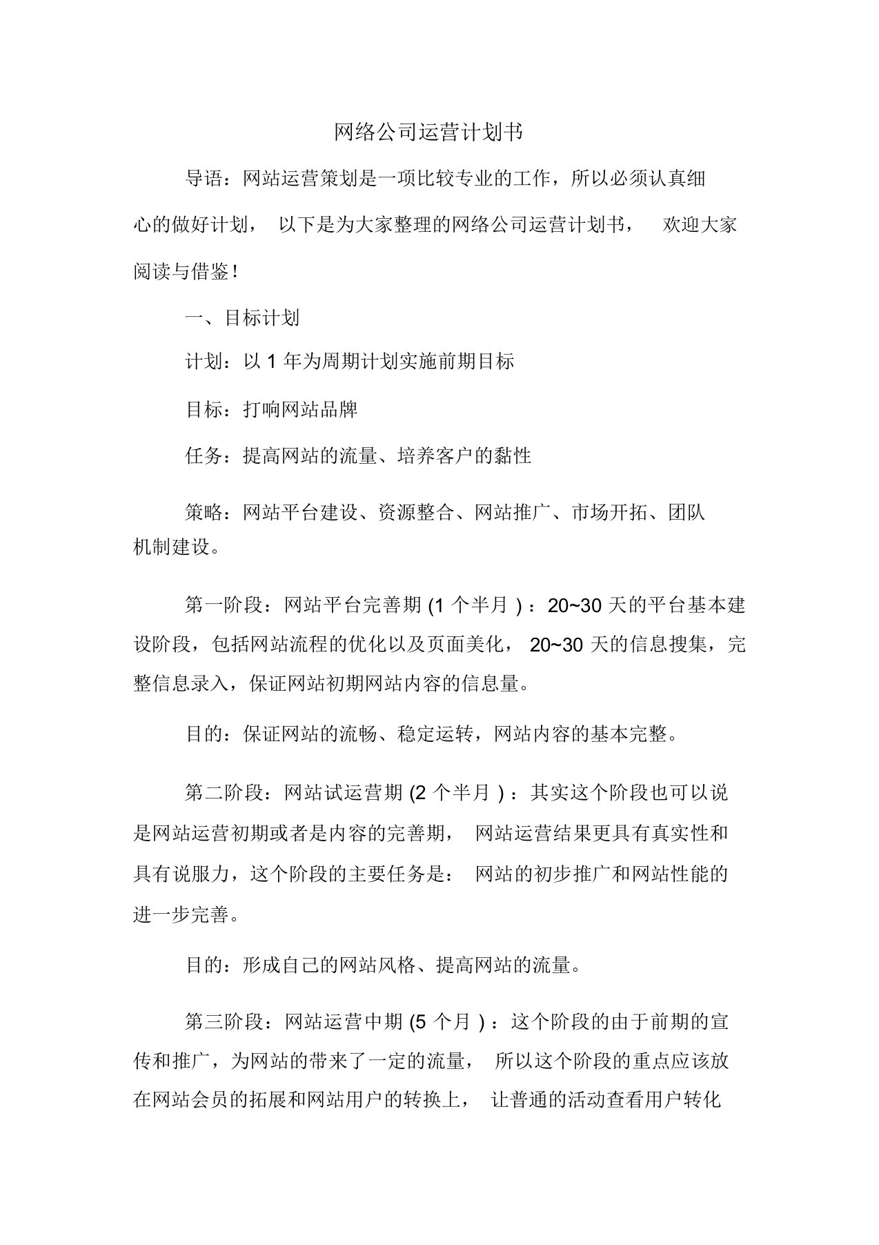 网络公司运营计划书