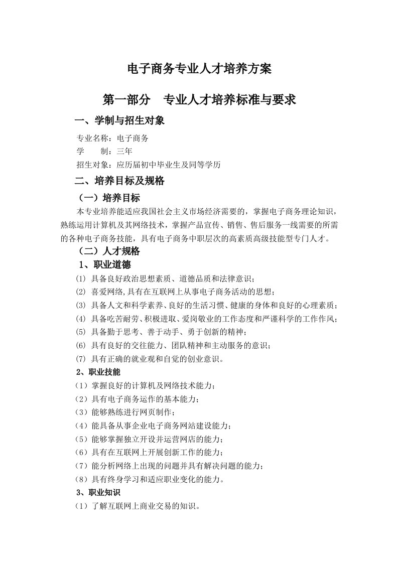 电子商务专业人才培养方案(中职)