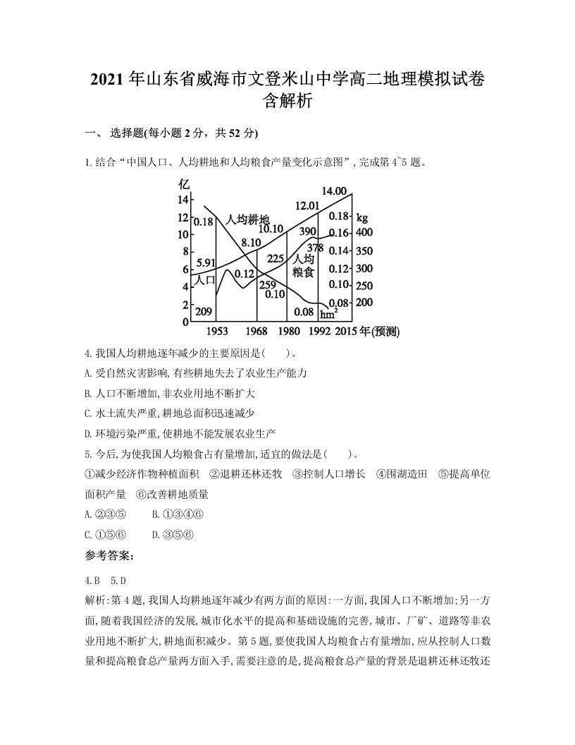 2021年山东省威海市文登米山中学高二地理模拟试卷含解析