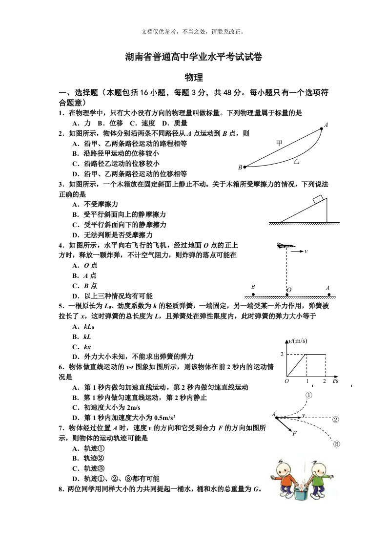 湖南省普通高中学业水平考试物理试卷及答案