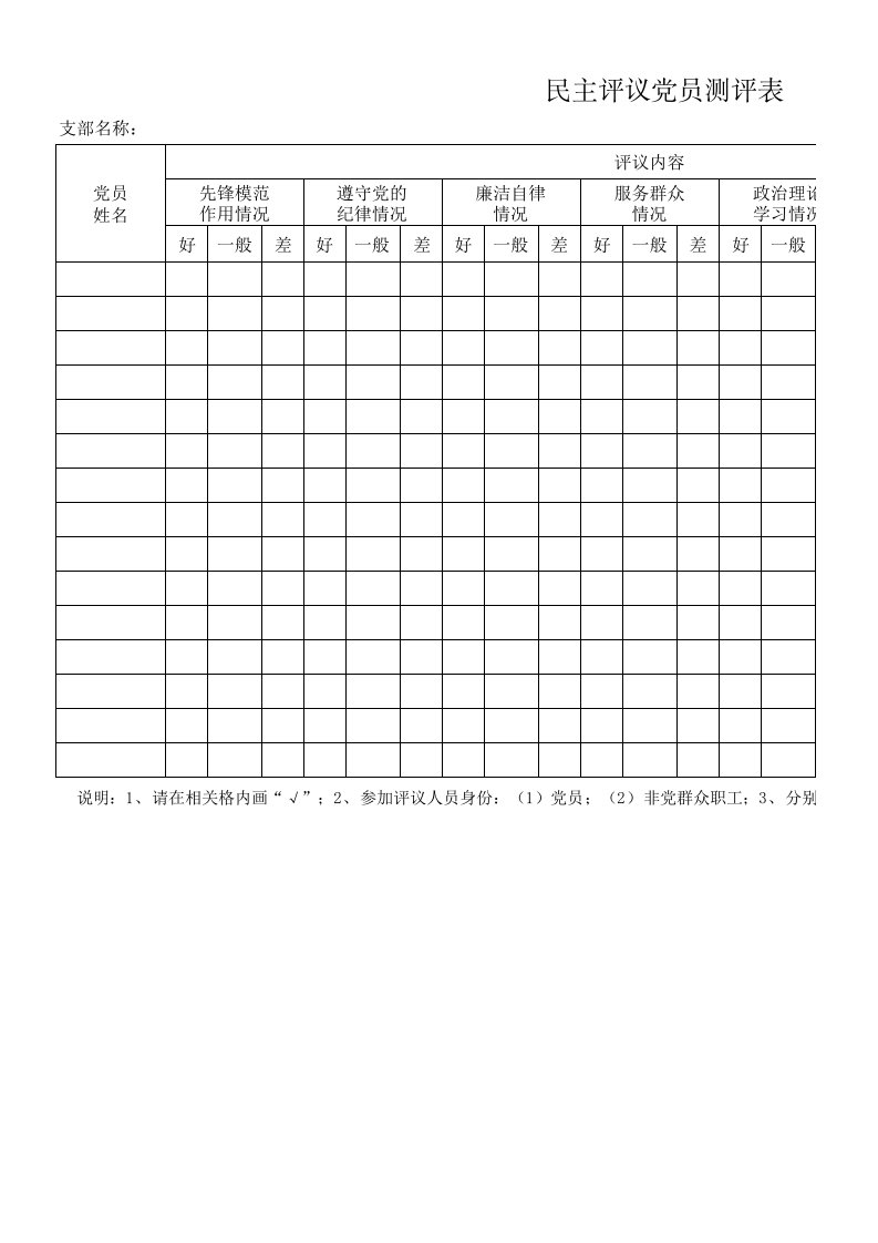 民主评议党员测评表(最新)