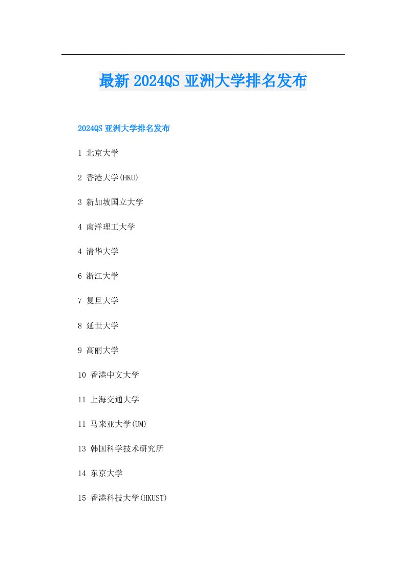 最新2024QS亚洲大学排名发布