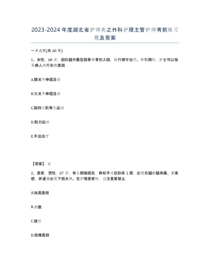 2023-2024年度湖北省护师类之外科护理主管护师考前练习题及答案