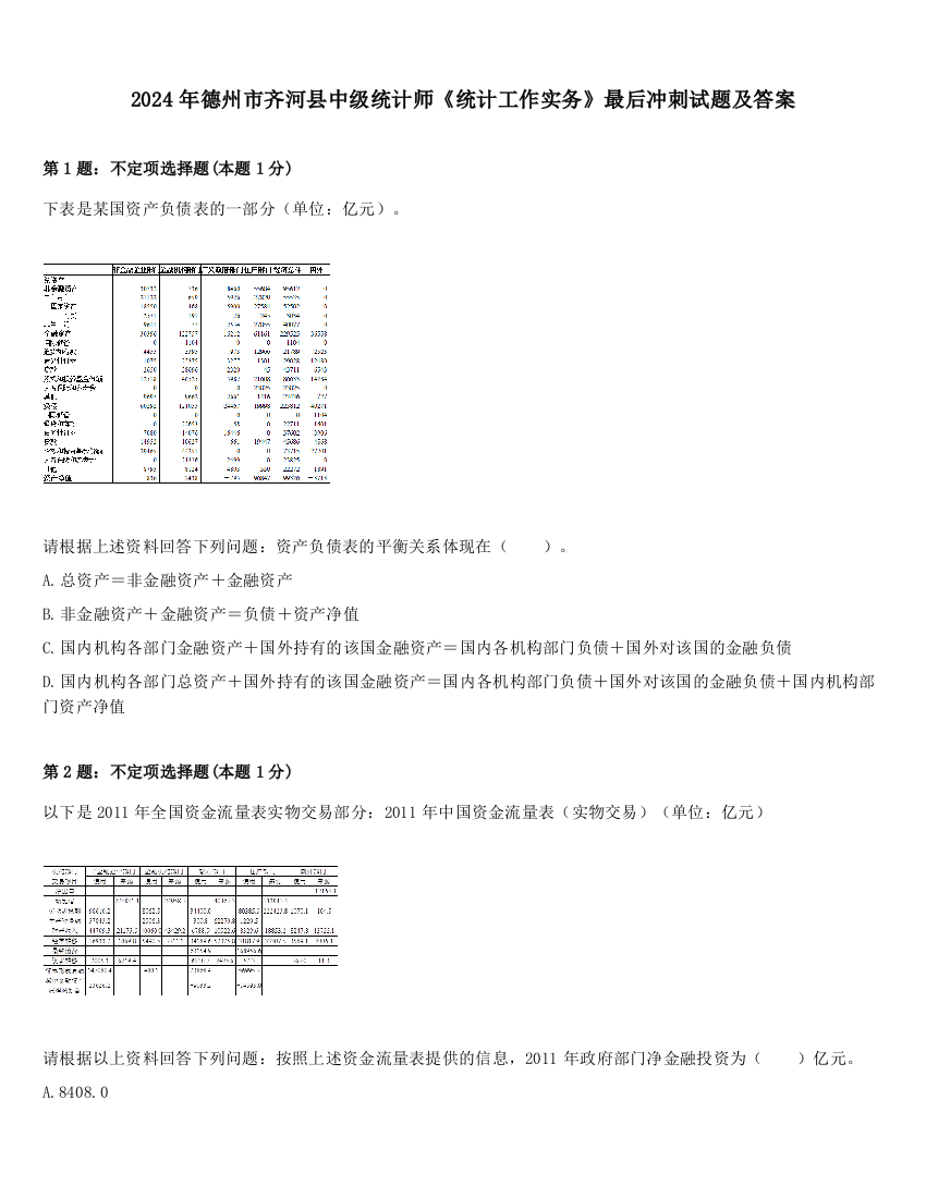 2024年德州市齐河县中级统计师《统计工作实务》最后冲刺试题及答案