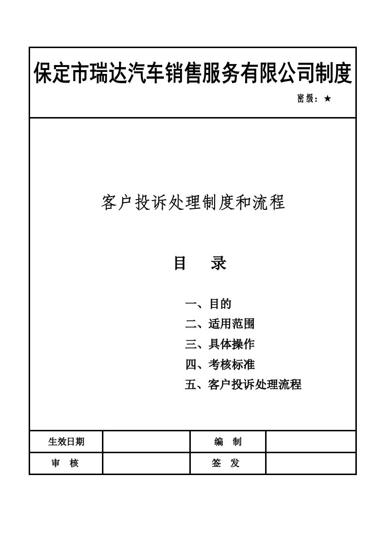 《客户投诉处理制度和流程》某汽车销售服务公司(doc)-营销制度表格