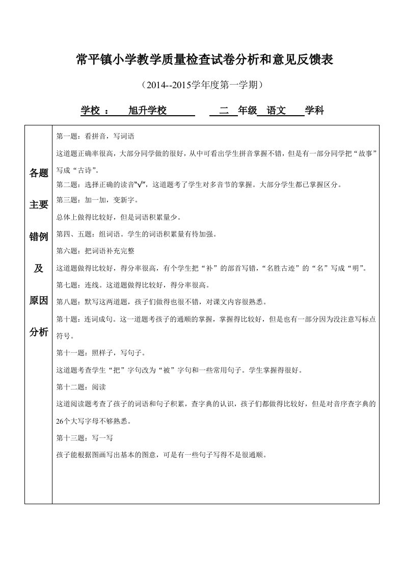 二年级语文教学质量检查试卷分析和意见反馈表