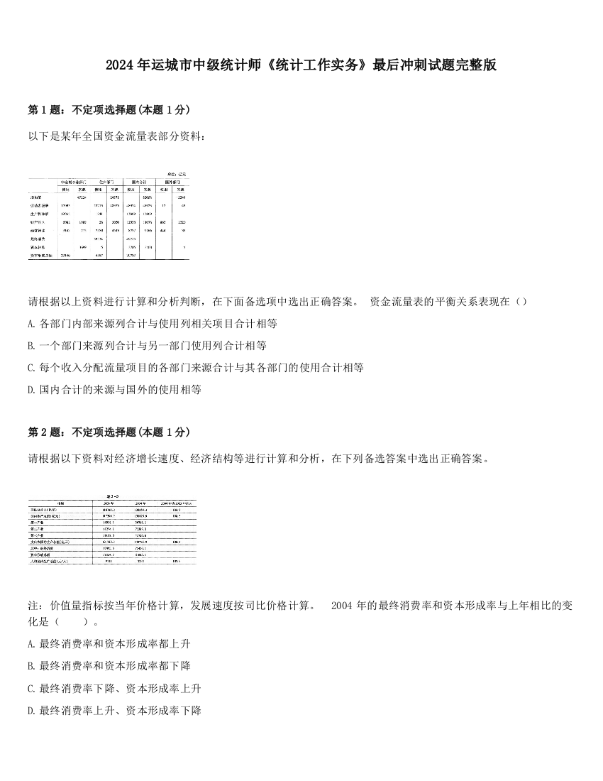 2024年运城市中级统计师《统计工作实务》最后冲刺试题完整版