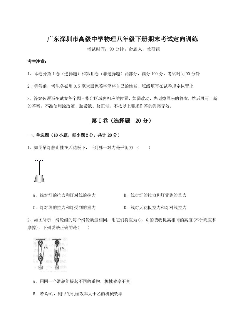 重难点解析广东深圳市高级中学物理八年级下册期末考试定向训练试题（解析卷）