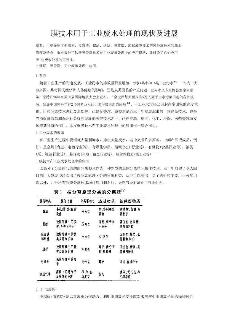 1膜技术用于工业废水处理的现状及进展