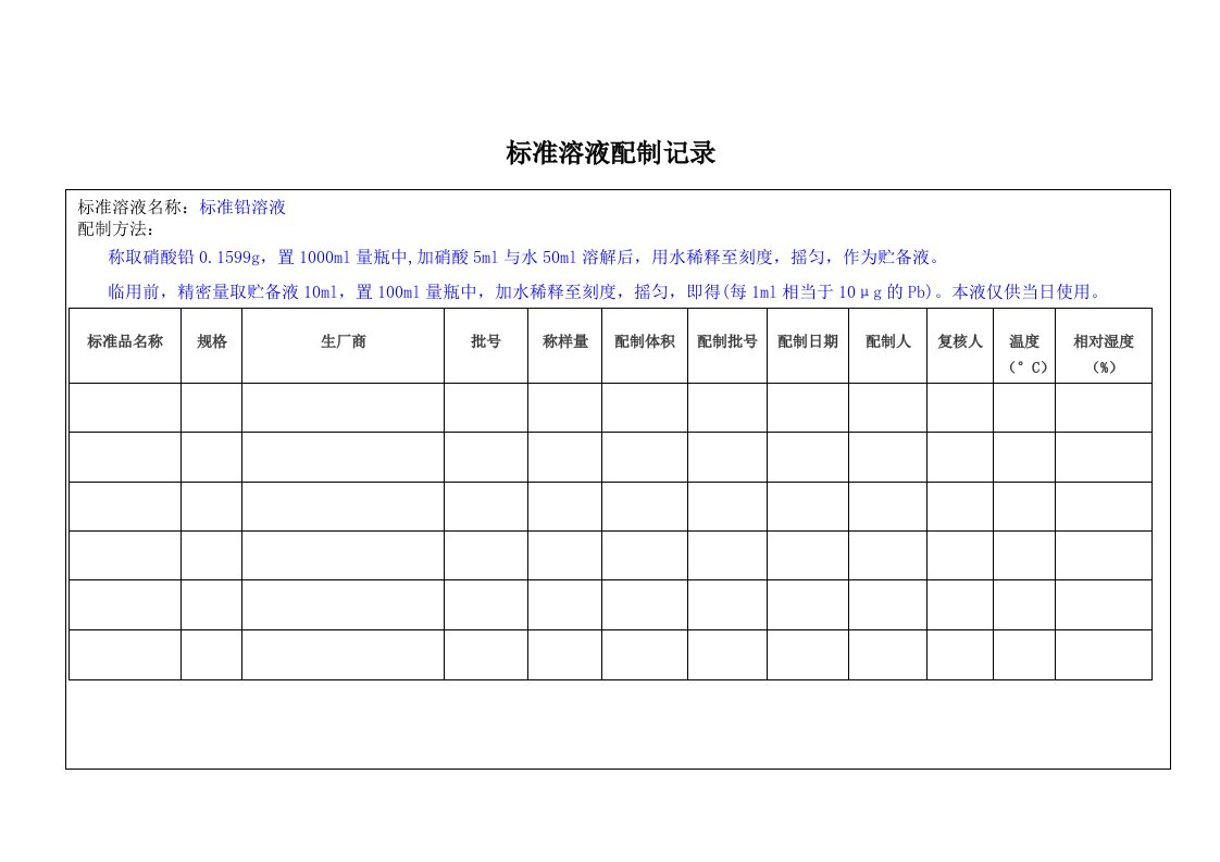 标准溶液配制记录(标准铅溶液)