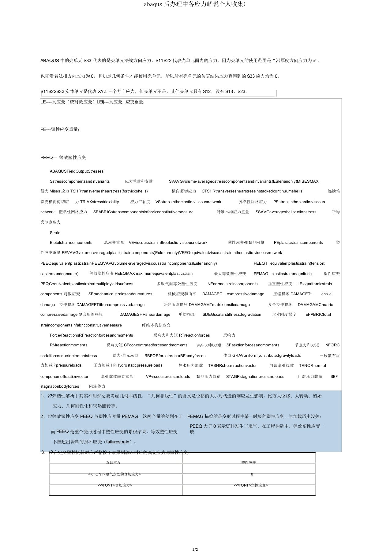 abaqus后处理中各应力解释个人收集)