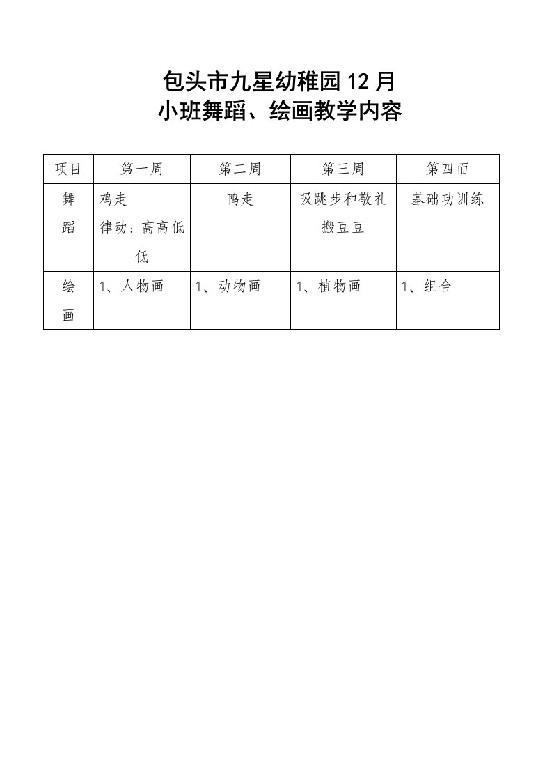 包头市九星幼儿园12月舞蹈绘画计划样稿