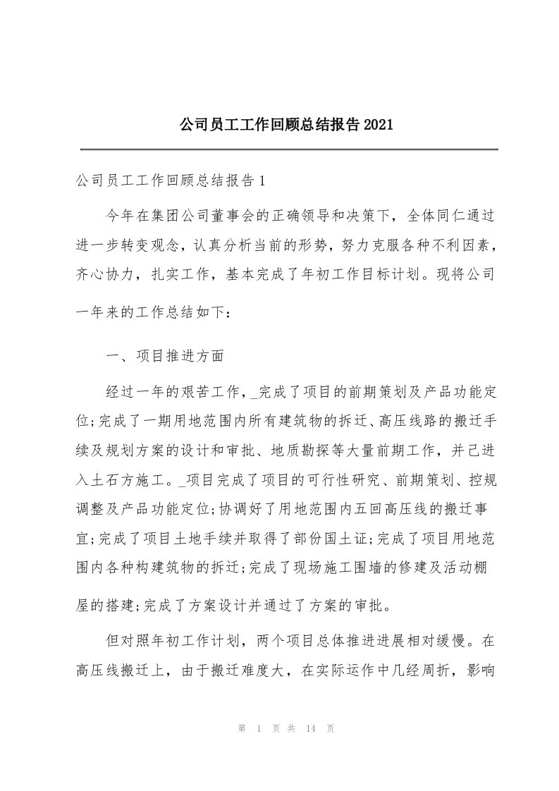 公司员工工作回顾总结报告2021