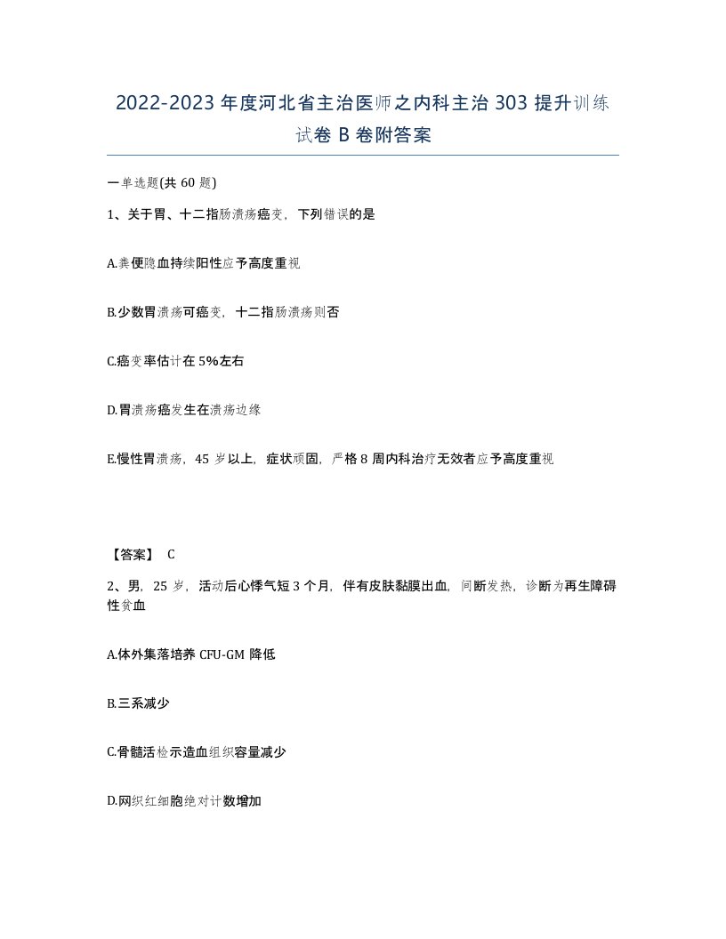 2022-2023年度河北省主治医师之内科主治303提升训练试卷B卷附答案