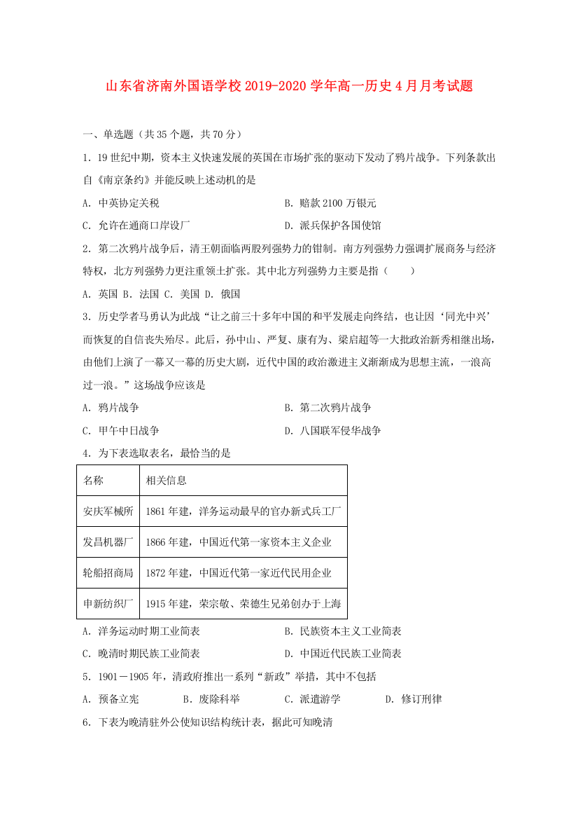 山东省济南外国语学校2019-2020学年高一历史4月月考试题